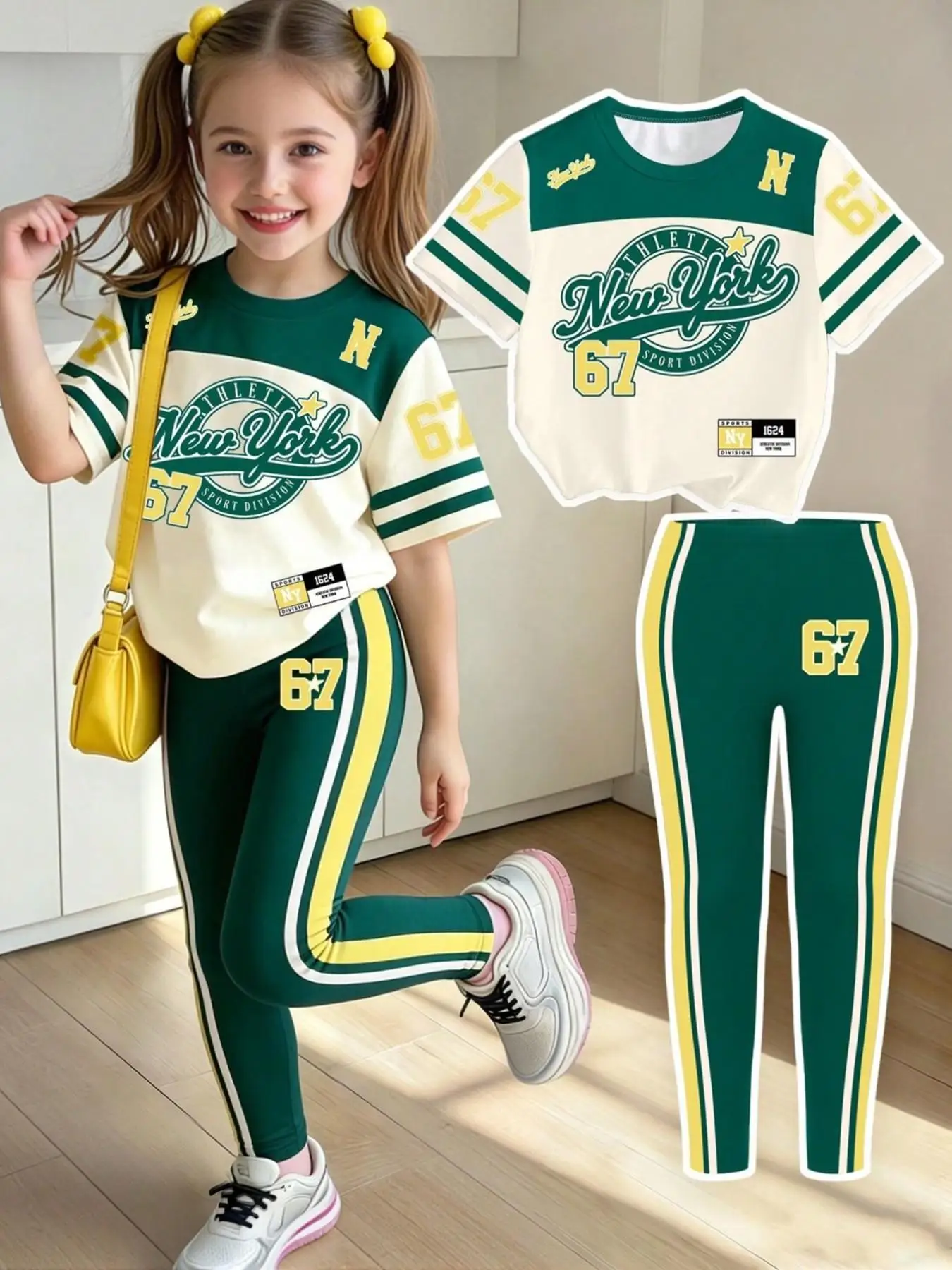 Girls' Summer and Autumn Casual Outfit, Children's New York 67 Letter Pattern Print Set, Girls' Color-Blocking Short-Sleeve Top + Leggings Two-Piece Set Suitable for Girls Aged 4-12
