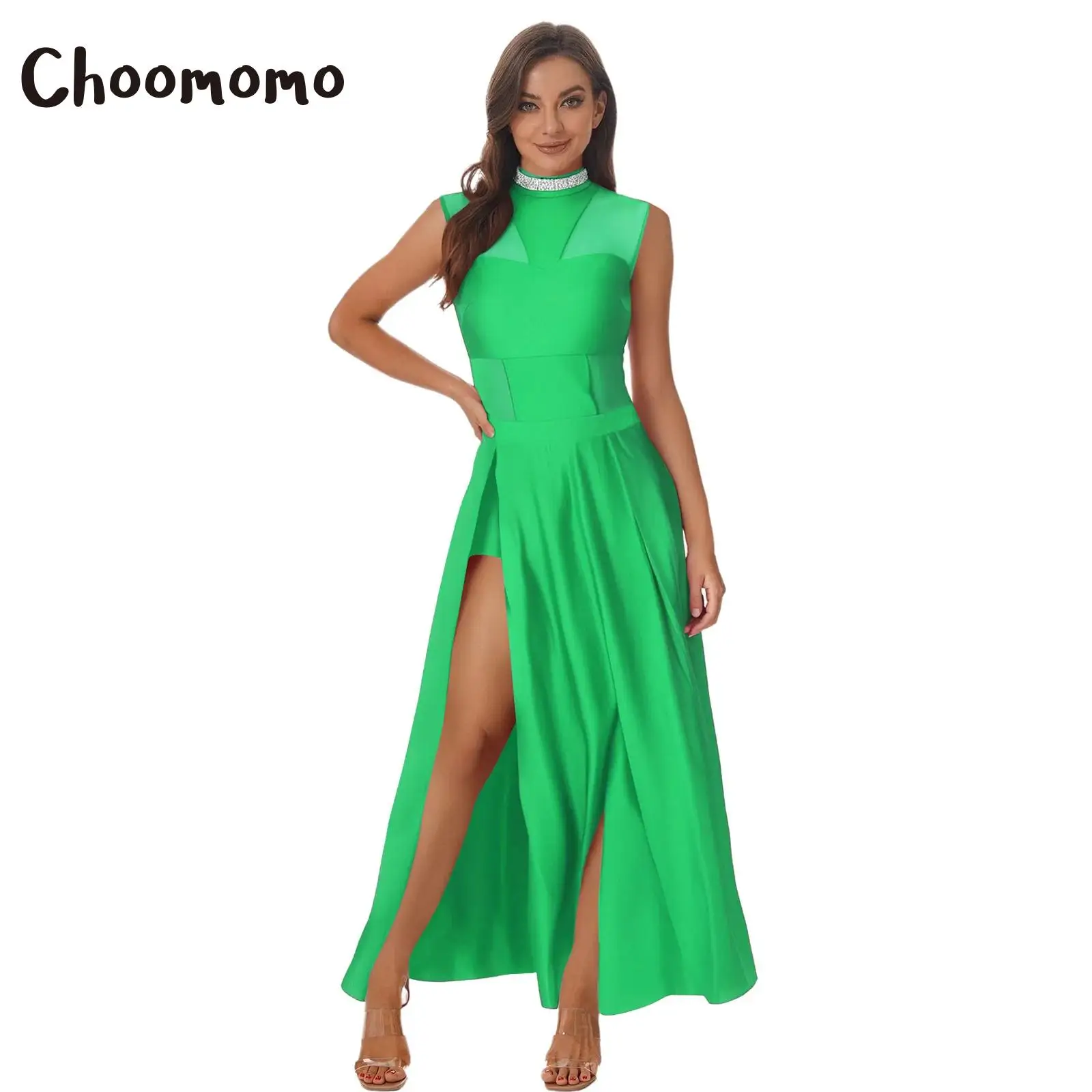 

Womens Modern Lyrical Dance Dress Glittering Collar Mesh Backless Patchwork Leotard and Slit Hem Maxi Skirt Dance Outfit