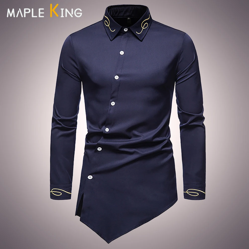 

Irregular Button Formal Shirts For Men Office Business Elegant Embroidery Social Camisas Goticas Hombre Mens Streetwear Clothing