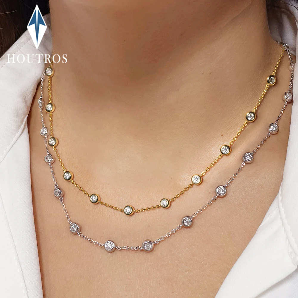 Houtros 3mm 4mm All Moissanite Necklace for Women 925 Sterling Silver  Round Bubble Diamond Neck Chain Chocker Fine Jewelry GRA