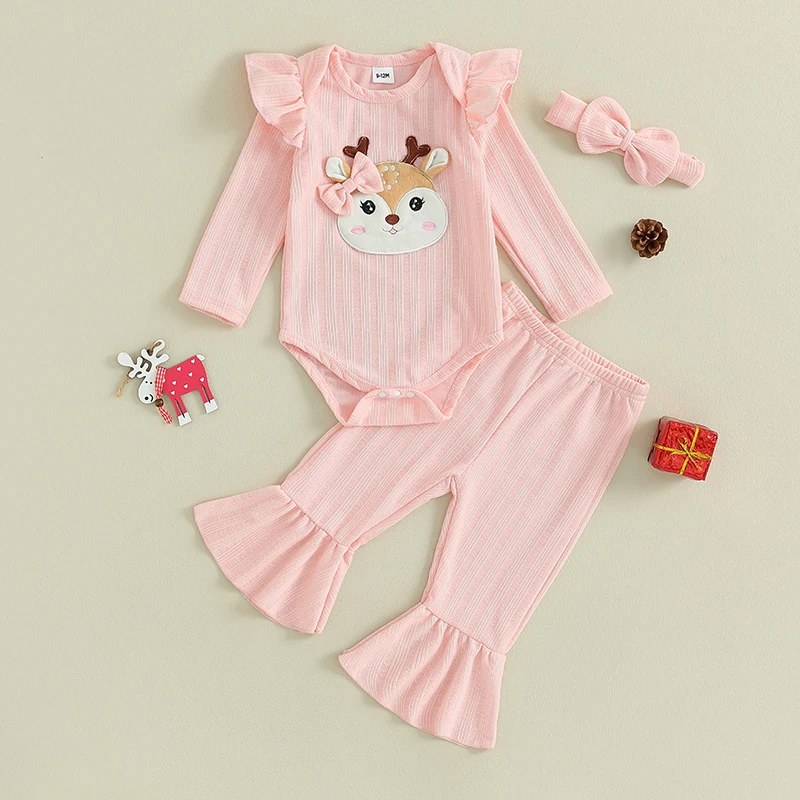 Baby Girl Clothes Set Newborn Outfit Long Sleeve Deer Embroidery Romper Top Flare Pants and Headband 3 Piece