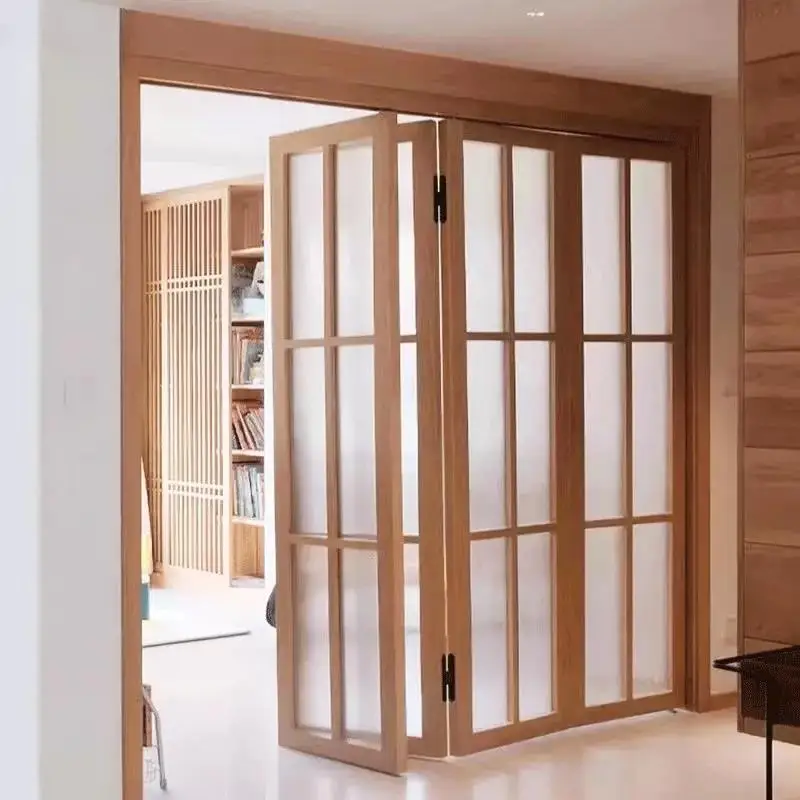 Indoor double folding style soundproof double folding wooden door design modern wooden frame glass partition folding door