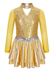 Vestito da ballo per ragazze per bambini abbigliamento elegante manica lunga a forma di V Hollow Shiny paillettes stile Patchwork Hollow Back dancewer sportwear