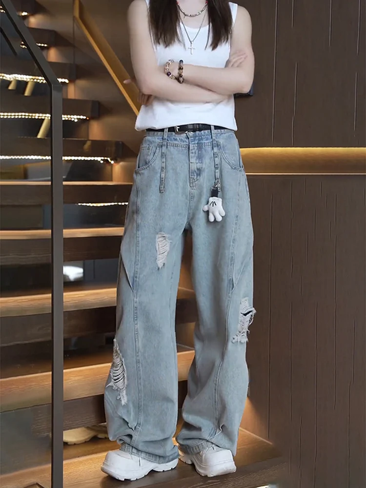 

Мужские джинсы Waed Distred с широкими штанинами, летние, в стиле американского хай-стрит, с дизайном «нож», свободного кроя, повседневные брюки