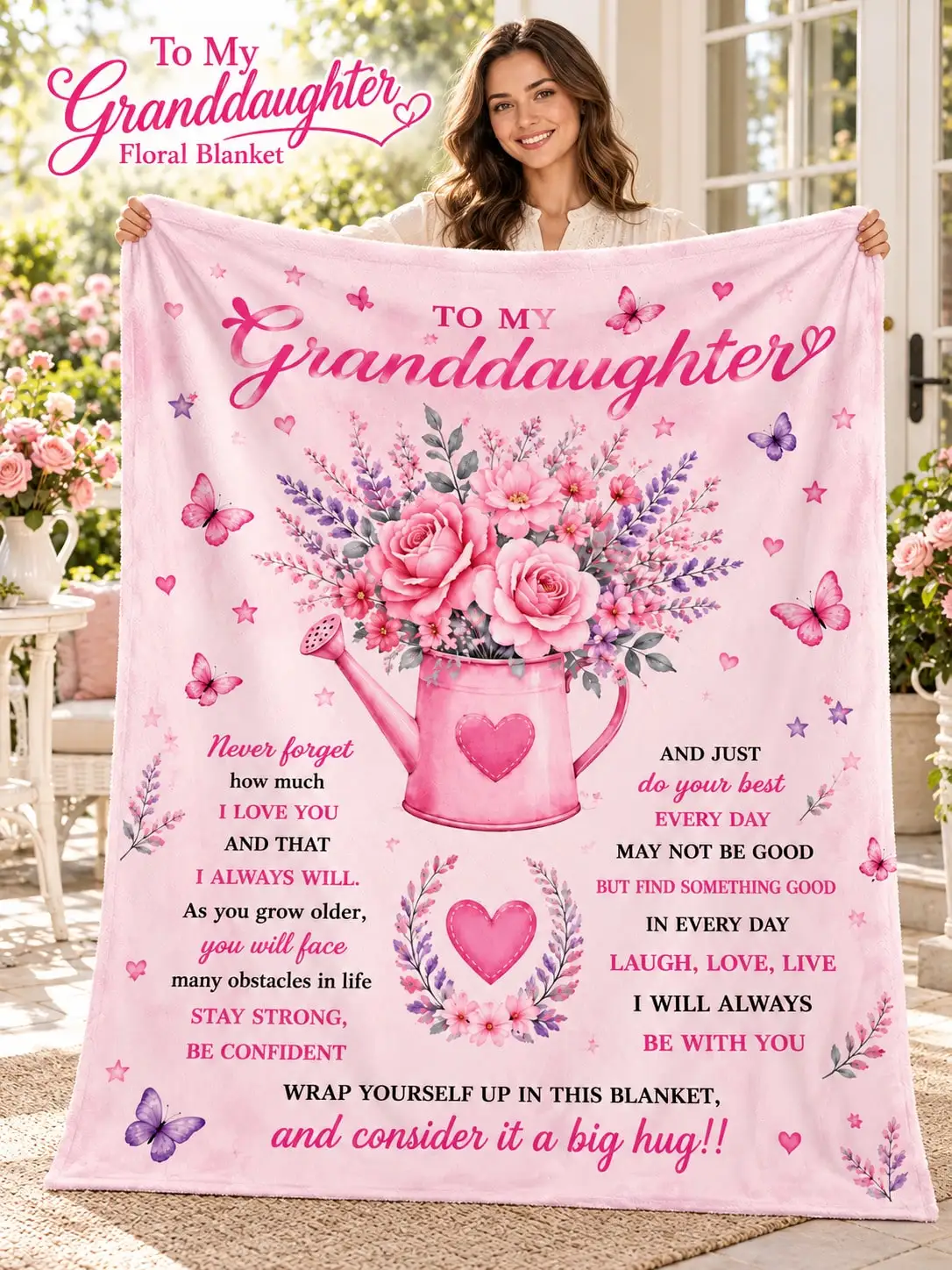 Granddaughter Floral Flannel Blankets & Throws Flower Watering Can Butterfly Quote Gift From Grandma Birthday Christmas Thanksgiving Anniversary Bed Sofa Couch Bedroom Living Room Nap Reading Travel Camping Home Decor Office Dorm Picnic Holiday
