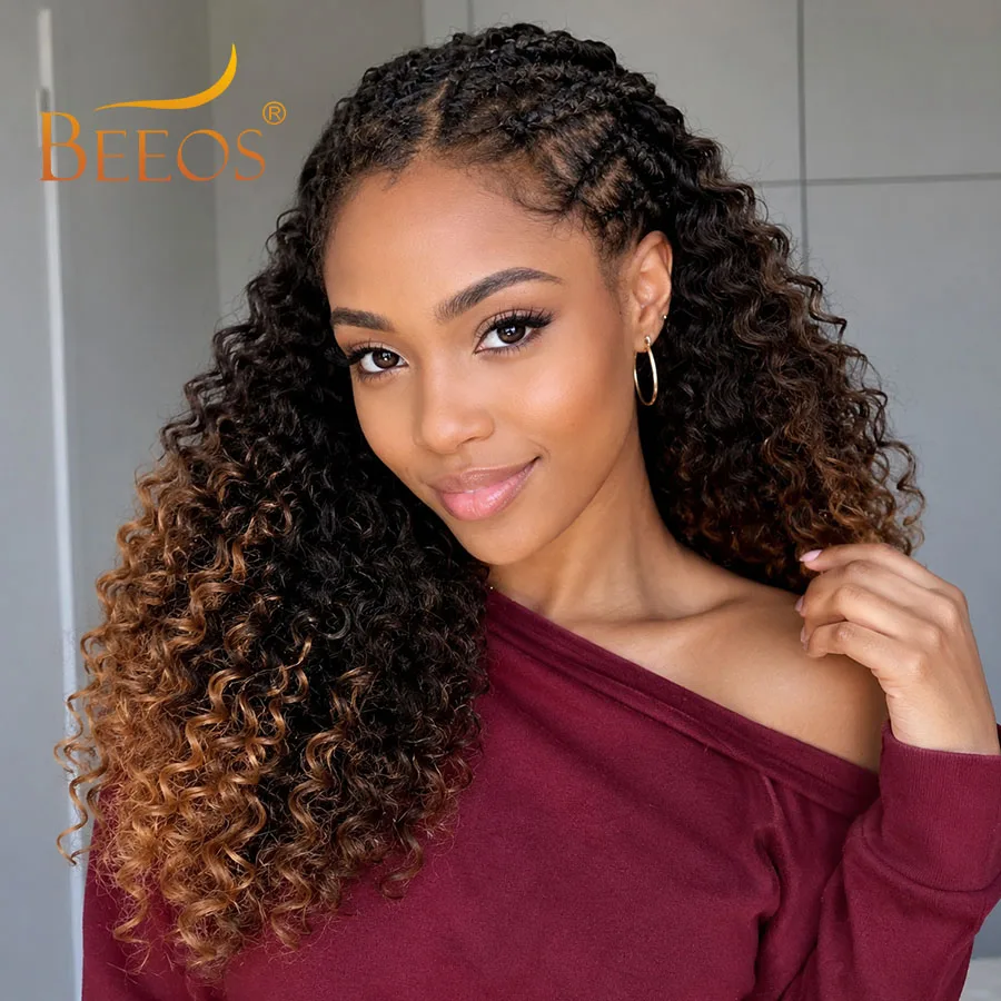 Ombre Brown 1B/27 Deep Wave Crochet Human Hair Invisible Knotless Pre Looped Feather Crochet Braids Hair Extension For Boho Hair
