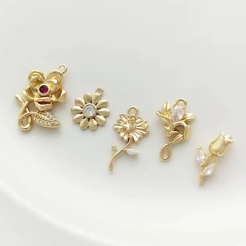 

14K Pack Gold Color Preserving Zircon Small Daisy Tulip Rose Flower Pendant Handmade Earrings Bracelet Pendant