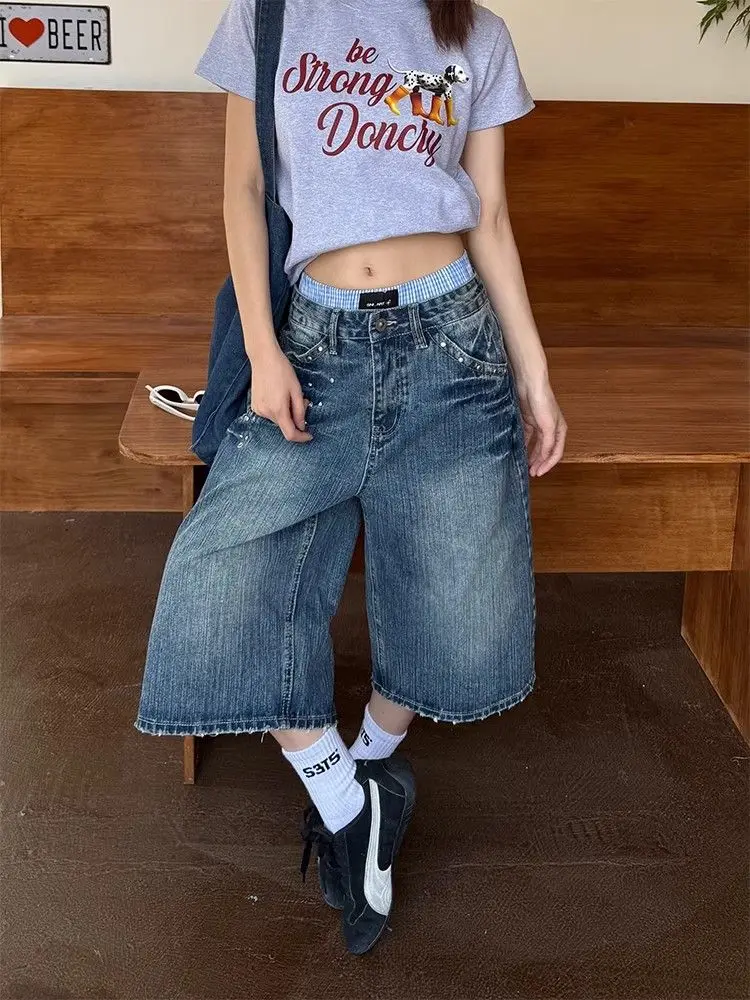 

Deeptown Vintage Rivets Pockets Women Jorts Y2k Washed Wide Leg American Style Short Jeans Baggy Harajuku Bermuda Shorts Summer