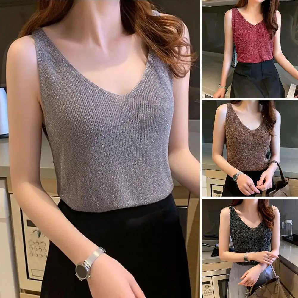 

Spring Summer Fashion Top Stylish Women's V Neck Sleeveless Tank Tops Slim Fit Knitted Shirts for Daily Wear Summer for Daily