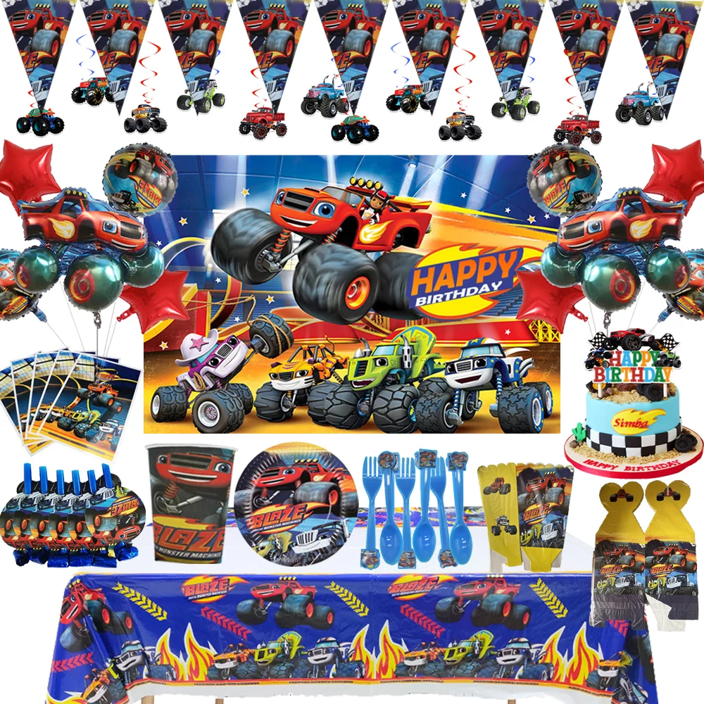 Blaze Monster Birthday Party Tableware Cup Plate Banner Backdrop Machines Racing for Baby Shower Kids Party Decorations Supplies