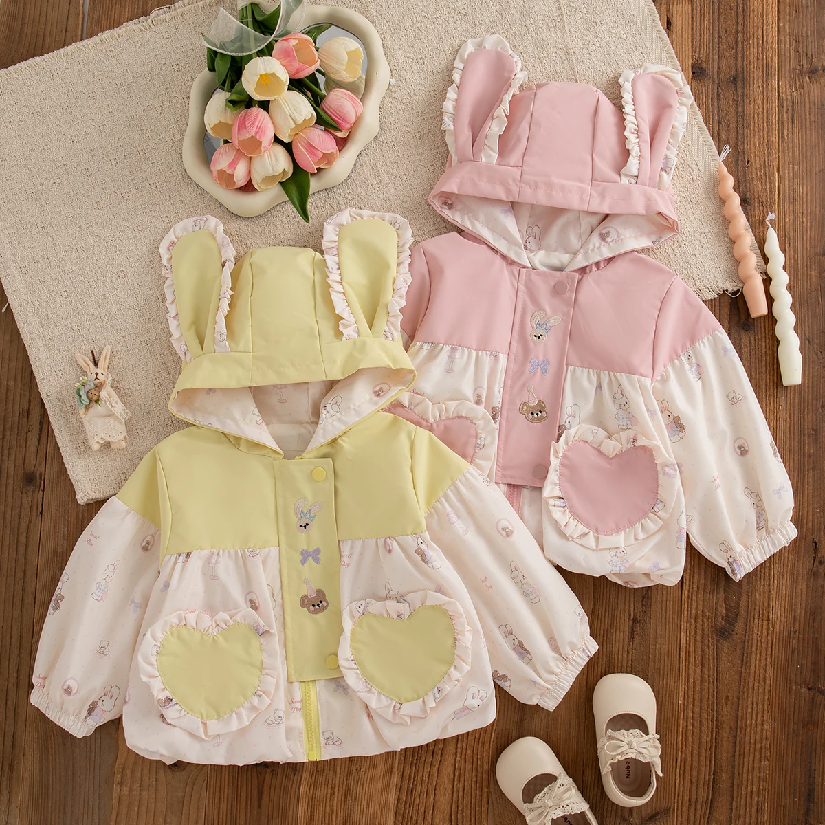 

Girls Amusement Park Playing Wear Cute Cartoon Print Embroidered Hooded Zipper Coat Infant Girl Spring Autumn Long Sleeve Coat