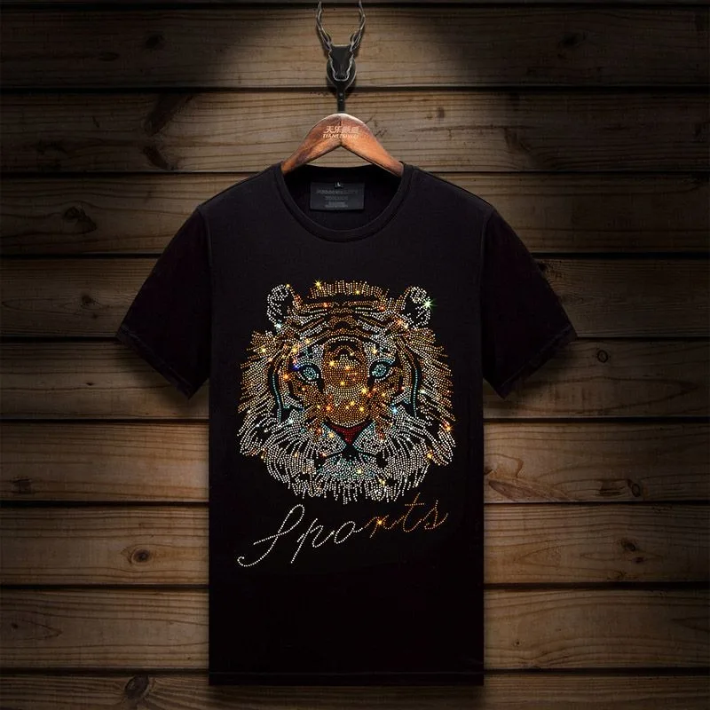 

Men's Clothing Summer high quality Tiger Head Hot Drilling Round Neck Fashion Fashion Handsome Half Sleeve T-Shirts