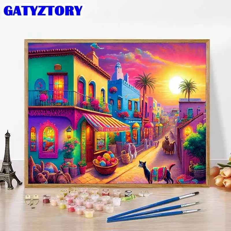 

GATYZTORY Oil Painting By Number Colorful Town Landscape Drawing On Canvas HandPainted DIY Picture By Number Kits Home Decor