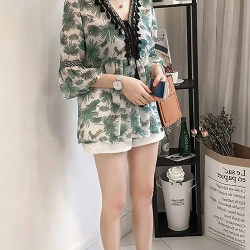 Stylish Tassel Vintage Printed Shirt Female Clothing Folk Waist Summer Casual Patchwork Loose V-Neck Commute 3/4 Sleeve Blouse