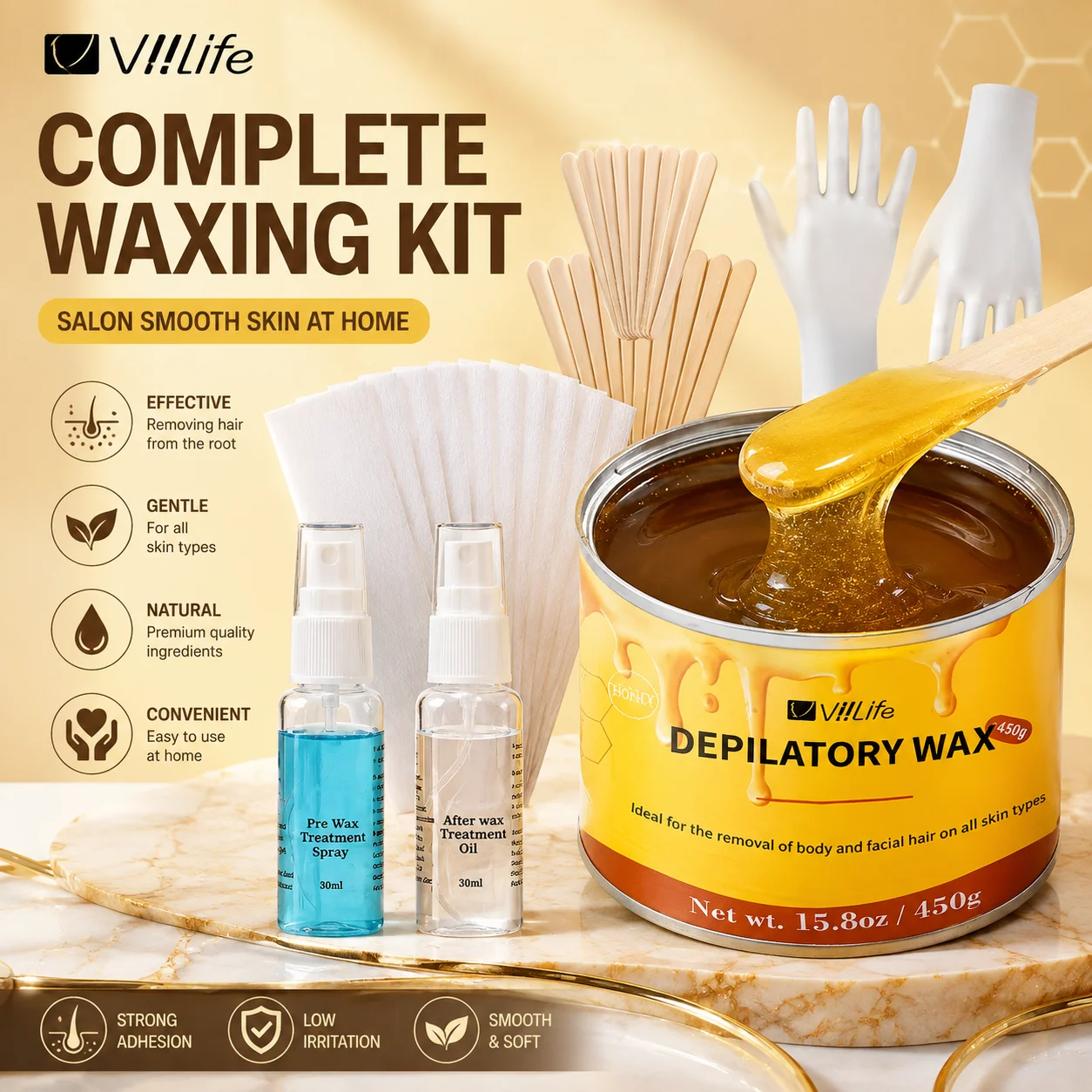 450G Honey Depilatory Wax for Hair Removal Whole Body Use - Easy Heat Application for Face, Armpits, Legs, Bikini Easy Application, Suitable for All Skin Types, Body Use, Gentle Depilation