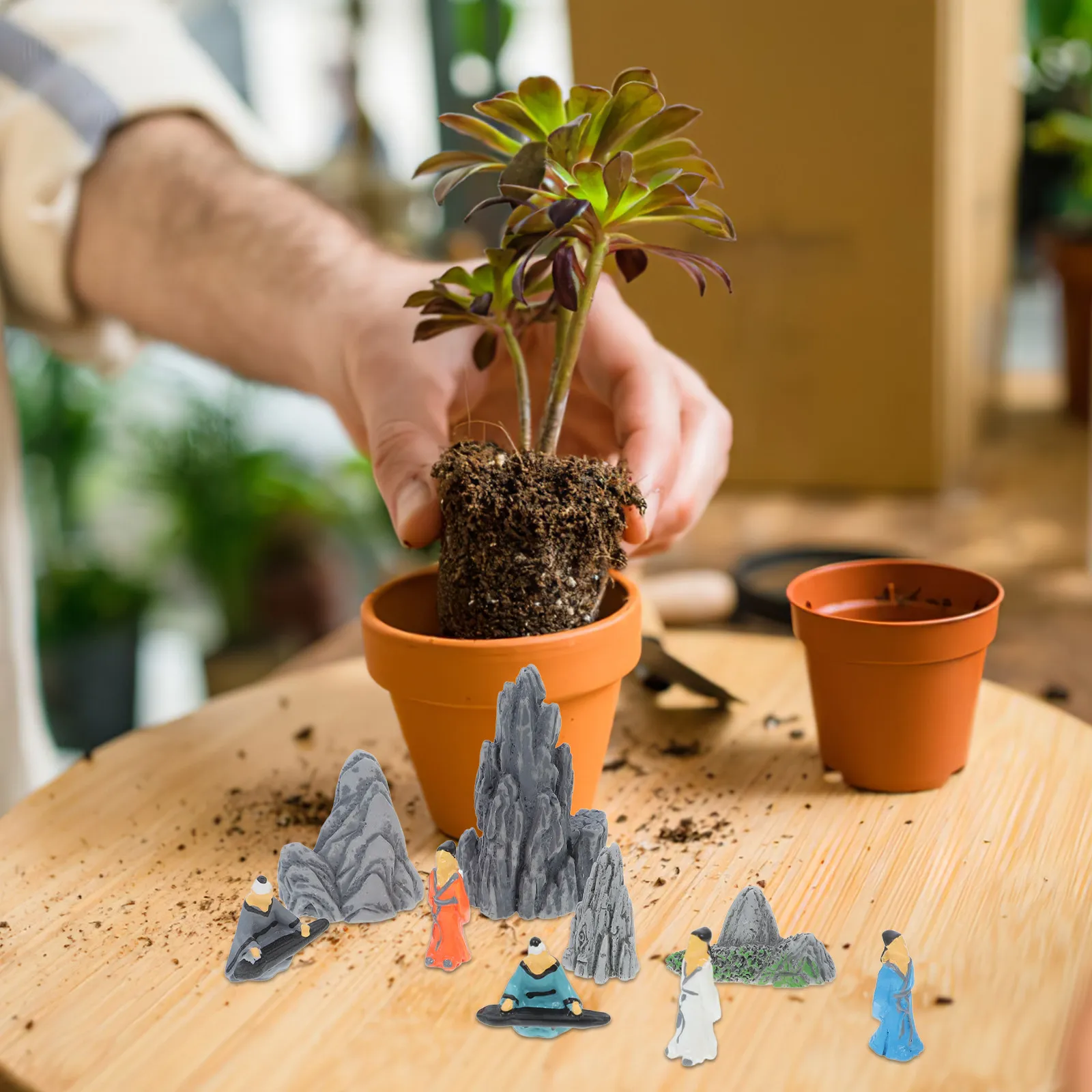 9Pcs Miniature Chinese Style Elder Sculpture Resin Piano Player Statue Micro Landscape Bonsai Ornament Zen Garden Decoration