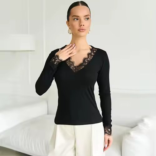 Tornova V neck Lace T shirt Top Women Sexy Navel Exposed Pullover Fashion Splice Hot Girl Club Party Top Autumn New Lady T shirt - Image 2