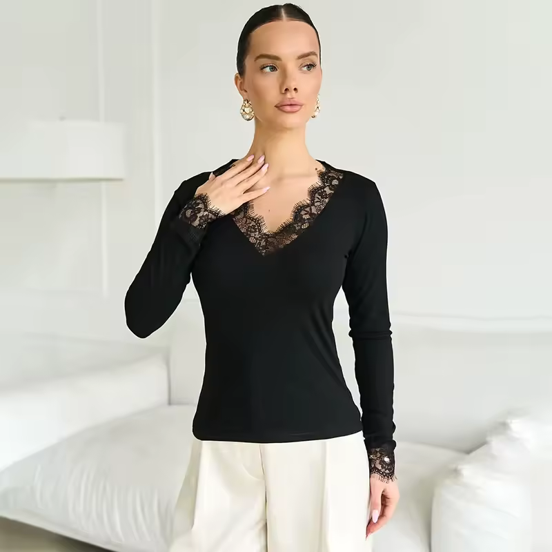 Tornova V neck Lace T shirt Top Women Sexy Navel Exposed Pullover Fashion Splice Hot Girl Club Party Top Autumn New Lady T shirt - Image 2