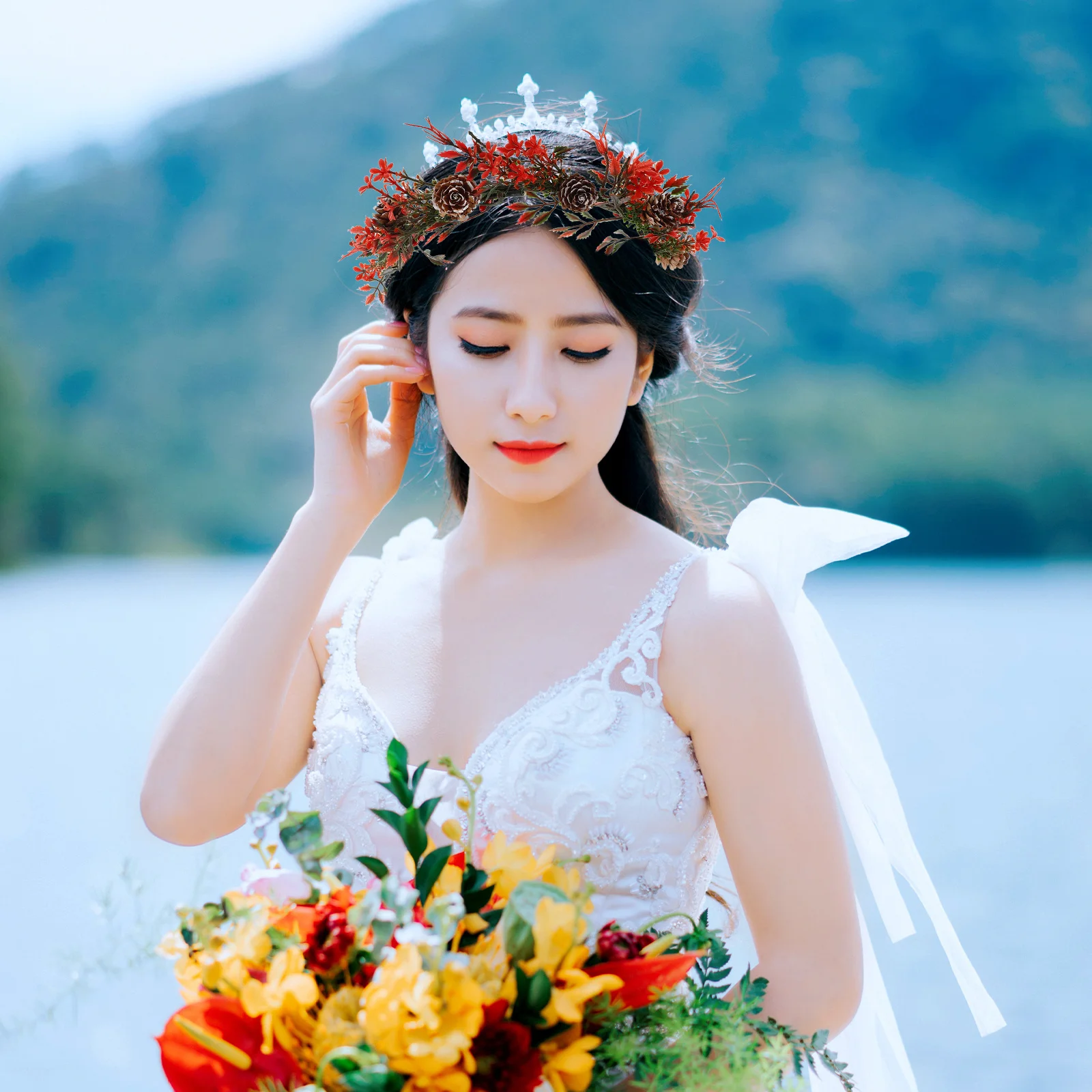 

Christmas Flower Wreath Red Berries Pine Cones Bridal Floral Headband Holiday Party Wedding Hair Accessory