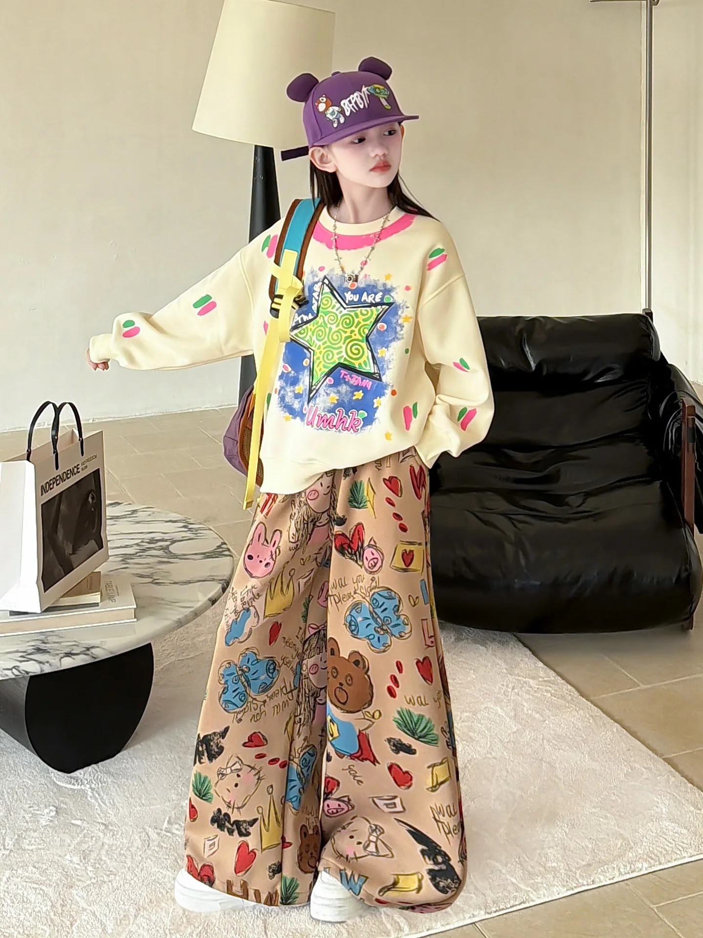 

Spring Casual Outfit for Girls Children's Faion Wide Leg Pants Two Piece Set Trendy Korean Sle Long Sve Sweatirt
