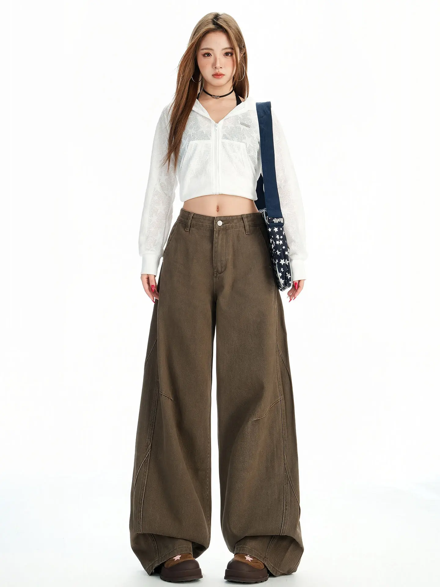 

High Waist Draped Loose Wide Leg Brown Coffee Color Denim Jeans Women's Autumn New American Style Casual Cotton Polyester Blend