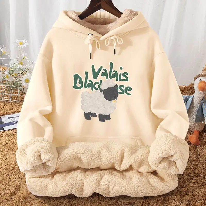 New Cartoon Alpaca Print Harajuku Letter Kawaii Hoodies Fleece Women's Winter Pullover Keep Warm Long Sleeves Female Sweatshirt