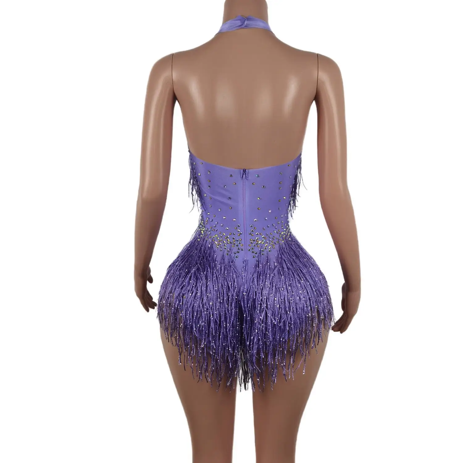 Nieuwe Mode Paarse Kwast Een Stuk Turnpakje Off Shoulder Paaldans Bodysuit Flash Diamant Latin Dance Performance Jurk Liusu