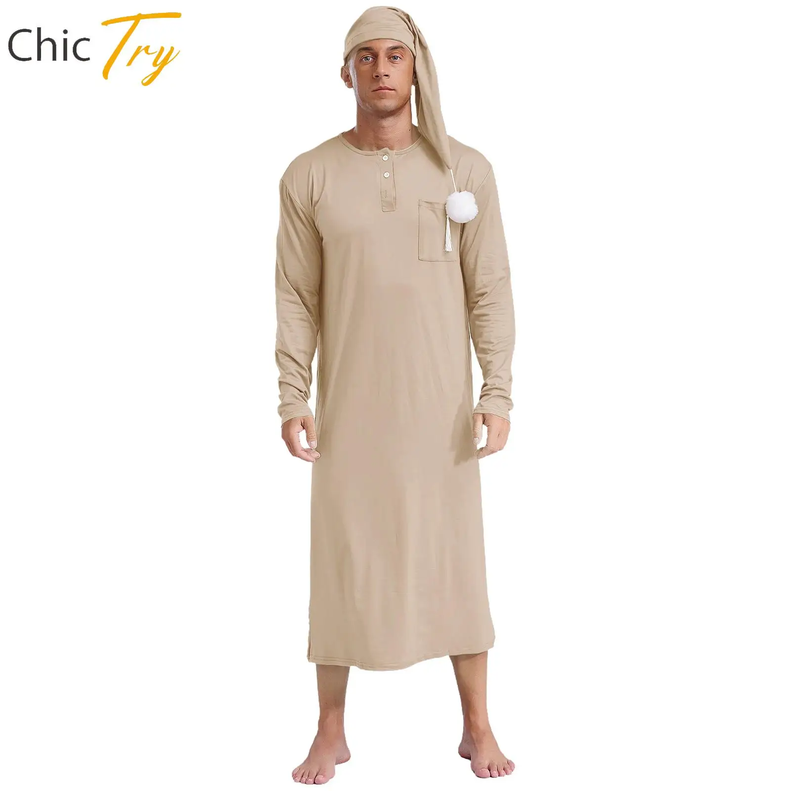 Robe de sono masculino de cor sólida com chapéu, gola redonda, manga longa, chapéu pontudo, loungewear solto, pijamas maricas, pom-pom