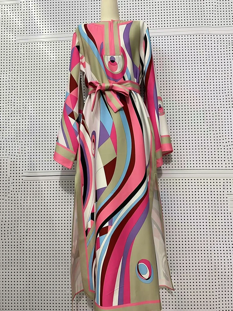 Damenbekleidung im Designer-Stil, Retro, geometrisch, Positionierungsdruck, Pulloverkleid, modisch, locker, Übergröße, Schlitzrock