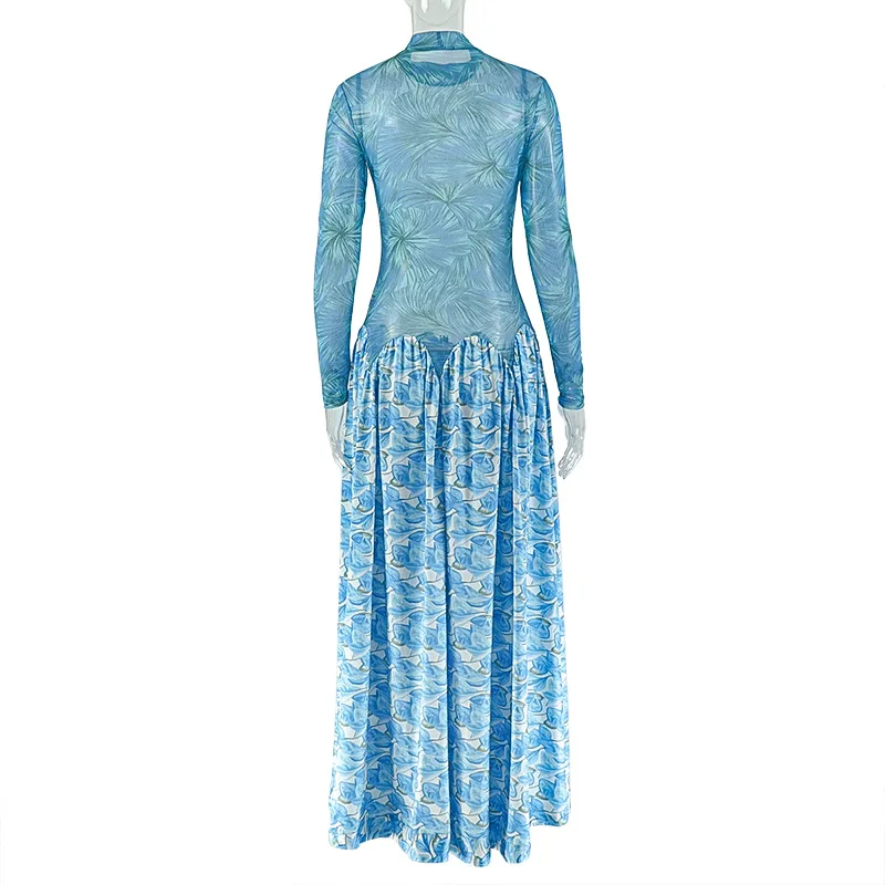 JENYAGE Damen Transparentes Maxikleid mit hohem Kragen, langen Ärmeln, blauem Blattdruck, Patchwork, langer, weitem Rock, afrikanisches Party-Abendkleid – Detail 7