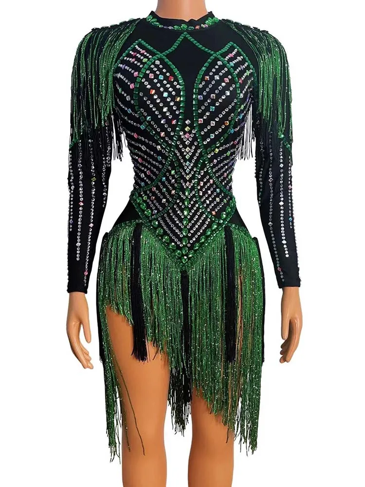 

Высокое качество, сексуальное эластичное платье с длинными рукавами и кисточками со стразами, новинка 2025, модная женская одежда на заказ