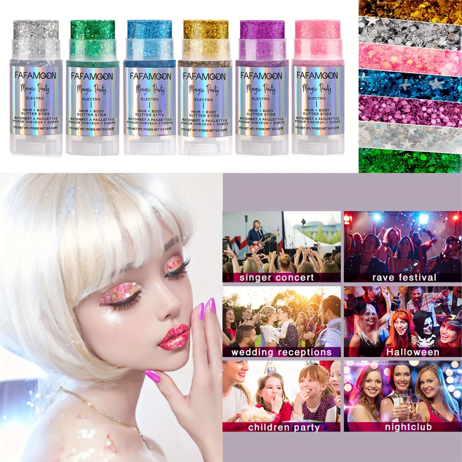 Bastone glitter per il corpo, Festival Rave musicale per cantanti, Bastone glitter rotante per viso a sirena, Glitter olografici per viso/corpo/capelli/occhio