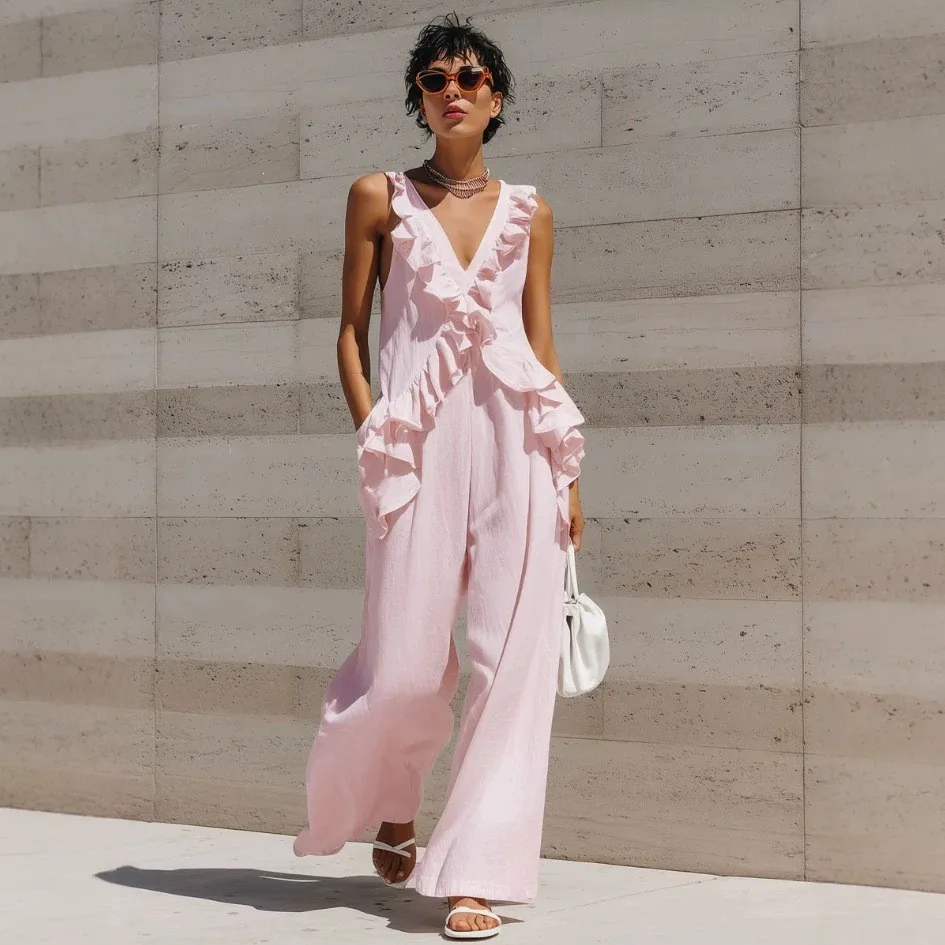 Women's Summer Jumpsuit Boho Ruffle Backless Romper Sleeveless V Neck Solid Color Overalls Light Pink Wide Leg Pants Maxi