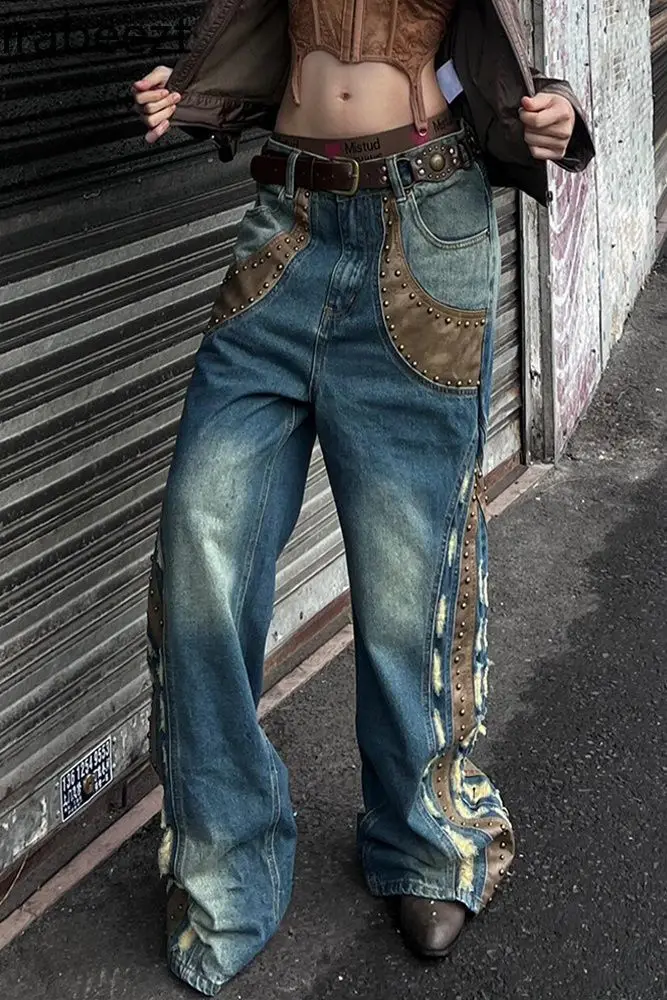 

2025 New American Plus Size Denim Pants Rhinestone & Leather Patch Wide Leg Drag Flare Jeans for Women Spring Y2K Streetwear