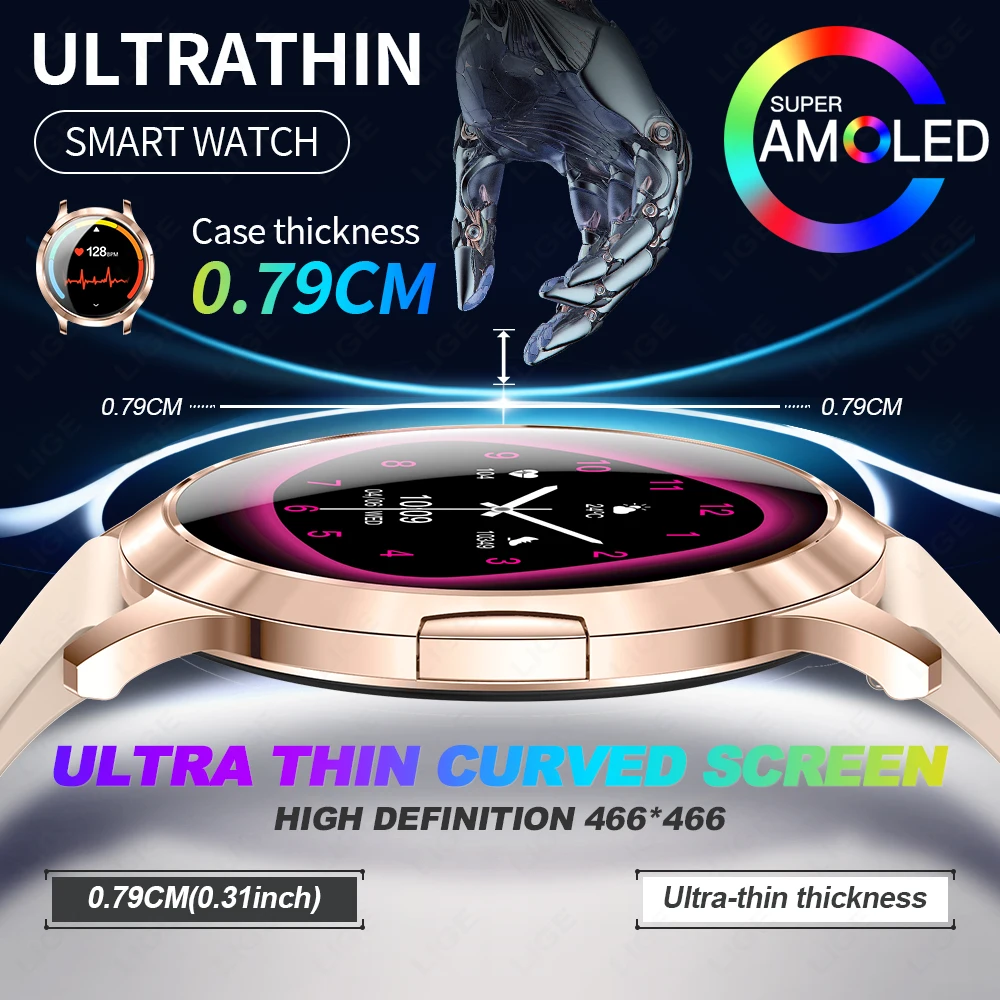 

Смарт-часы LIGE с Bluetooth-вызовами, 1,32-дюймовый AMOLED-дисплей, ультратонкие модные женские часы с настраиваемым циферблатом, спортивный трекер здоровья для Android IOS 2026