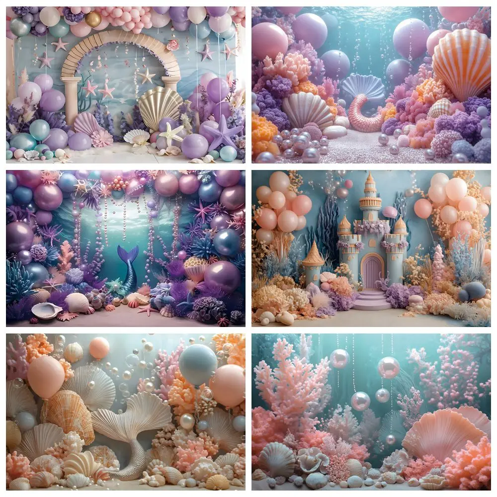 

Mermaid Theme Princess Girls Birthday Backdrop for Photography Underwater World Coral Seashell Baby Shower Photocall Background