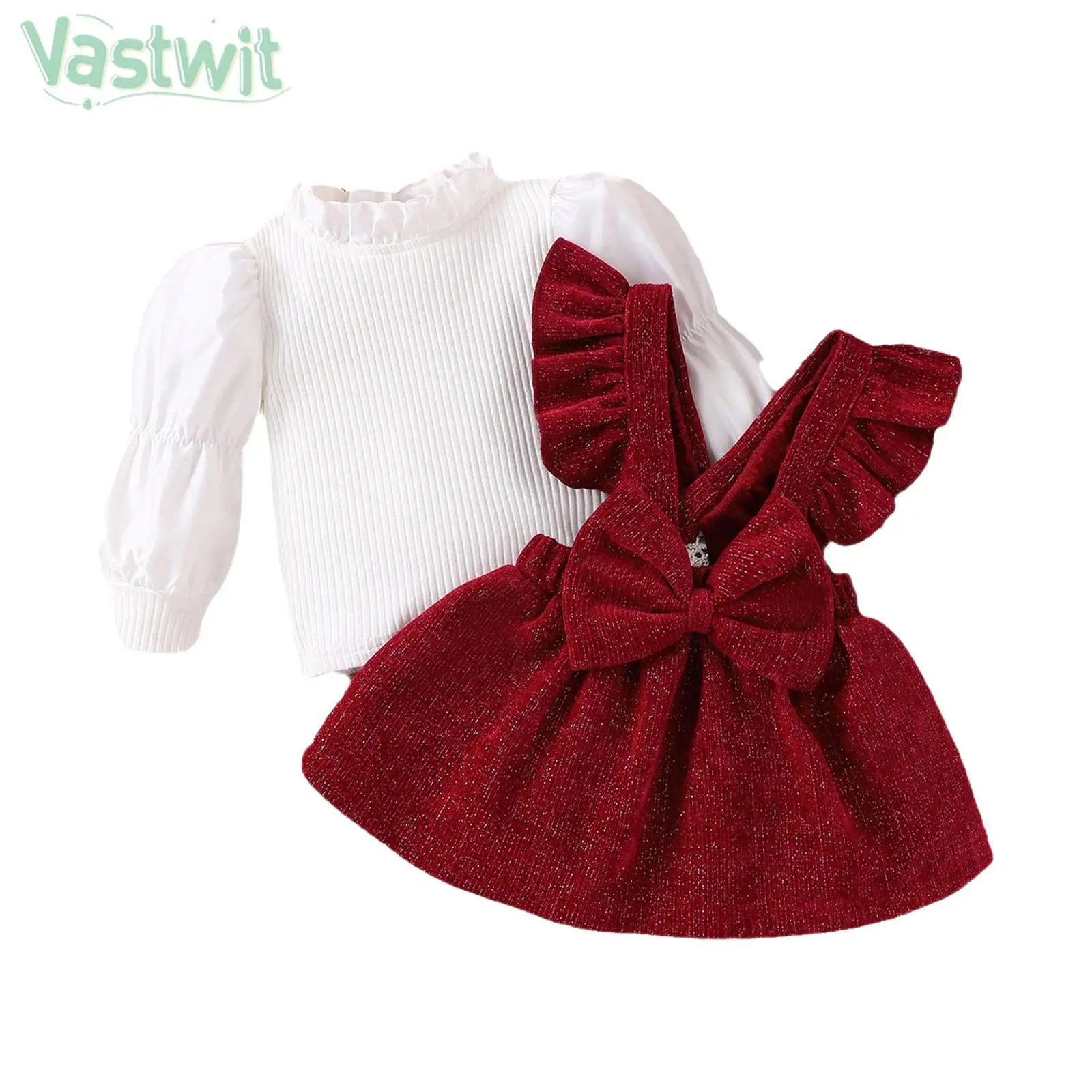 

Toddler Girls Casual Costume Set Long Sleeve Shirt Top with Bowknot Suspender Dress for Birthday Christmas New Year Party Daily