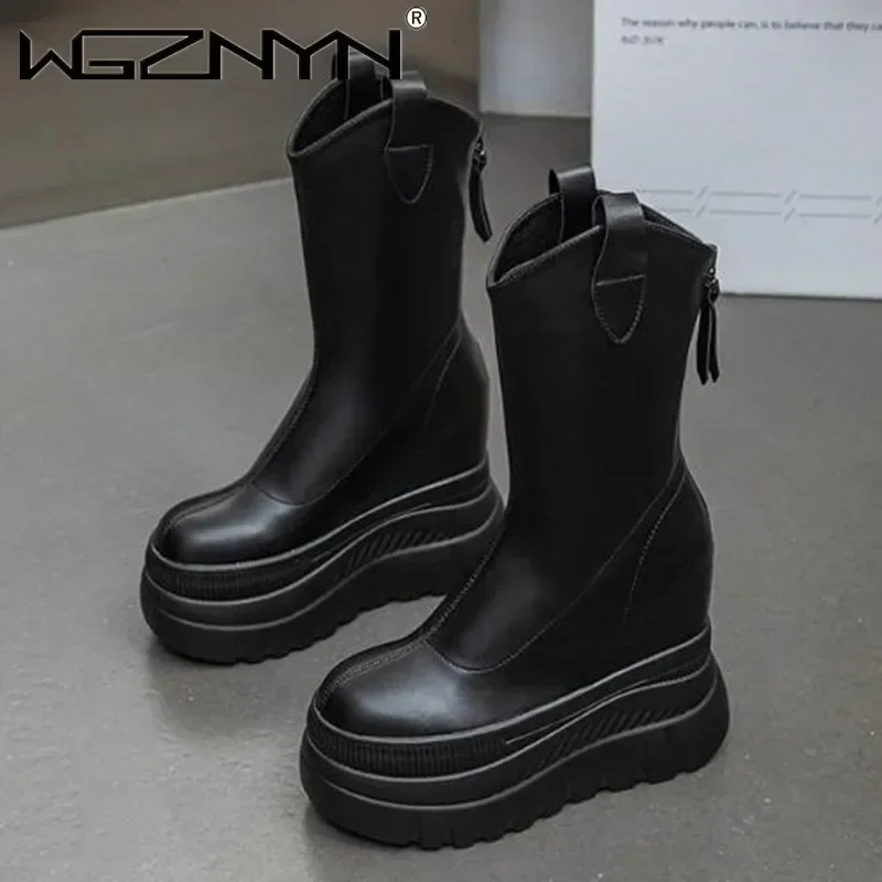 

Новые женские повседневные ботильоны из микрофибры с вулканизированным увеличением 12 см, белые туфли на танкетке и высоком каблуке на платформе, на молнии, Botas Mujer