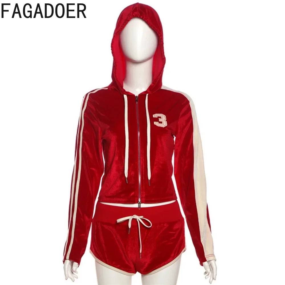 FAGADOER Autumn Velvet 2 Piece Sets Outfit Women Casual Zip Drawstring Hooded Sweatshirt Top + Shorts Suit Joggers Sportswear