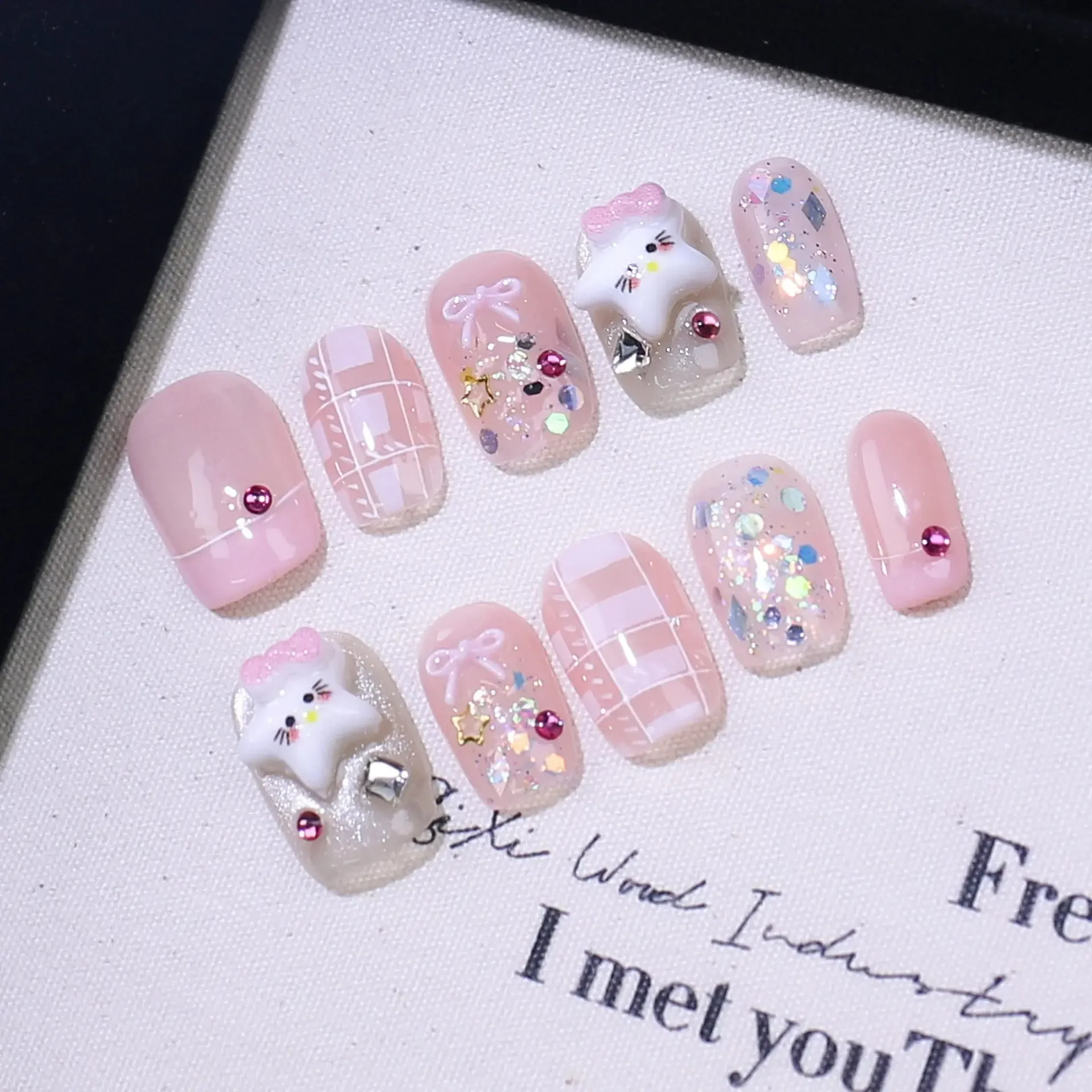 

10pcs Handmade Press on Nails French Cartoon Cute Cat Bow Short Ballet Fake Nail for Women&Girl Removable Detachable Nail Art