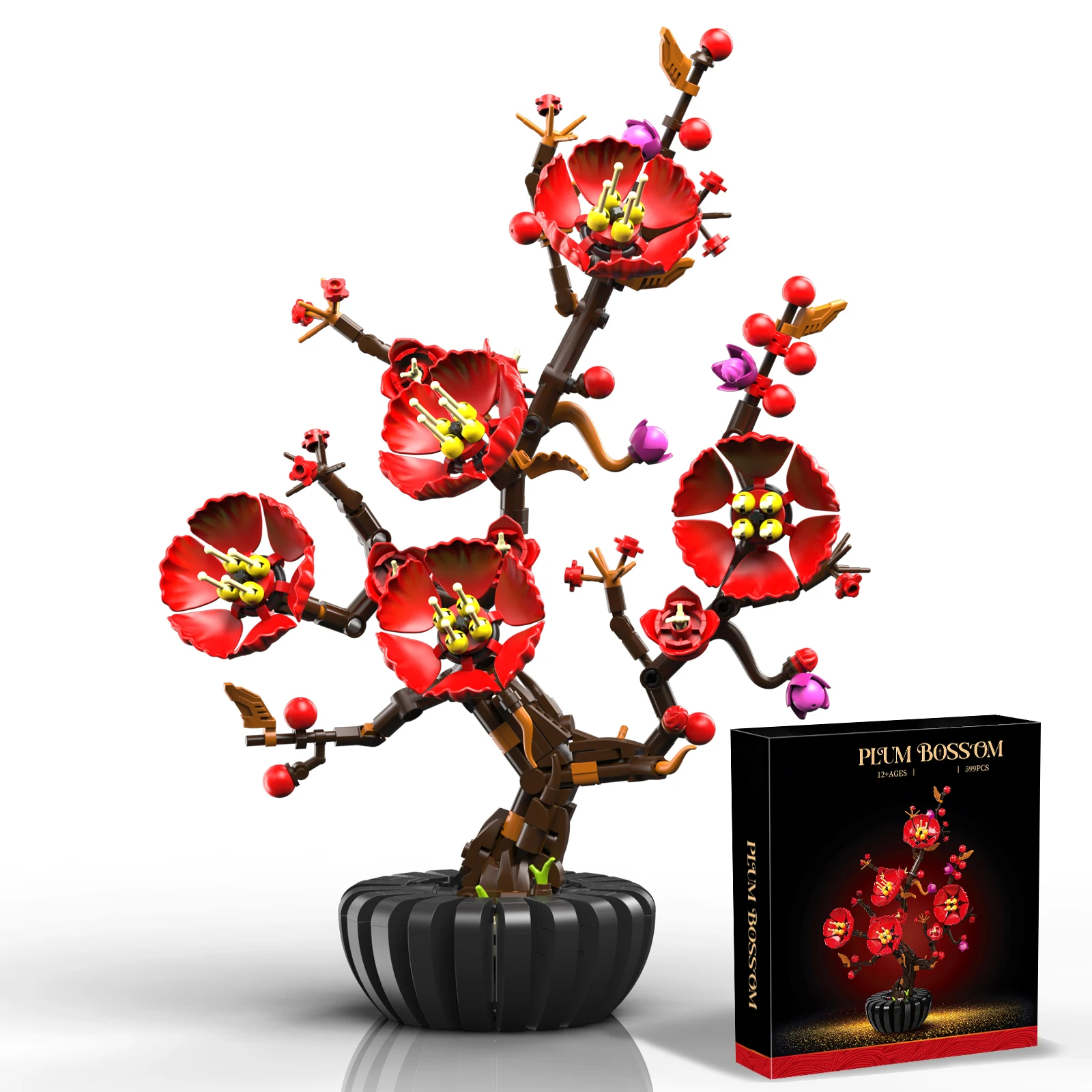 Red Plum Blossom Building Block Flower Set, Artificial Floral Decor, Elegant Home & Office Decoration, Gift for Adults (599PCS)