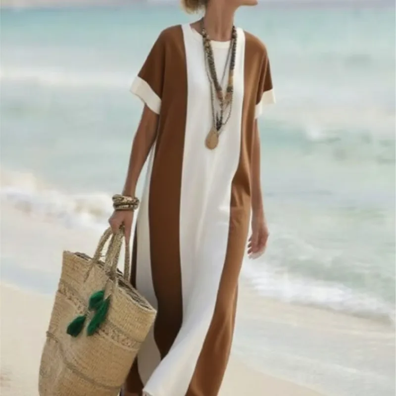 

New Retro Stripe Side Slit Long Dresses Woman Elegant O Neck Loose Boho Maxi Dress Spring Summer Short Sleeve Vacation Dress