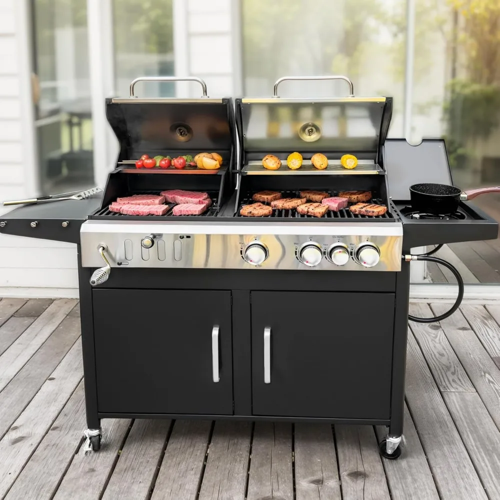 Dual Fuel Propane Gas Grill and Charcoal Grill Combo with Side Burner,Extra Large BBQ Grill for Outdoor Barbecue Cooking,690SQIN