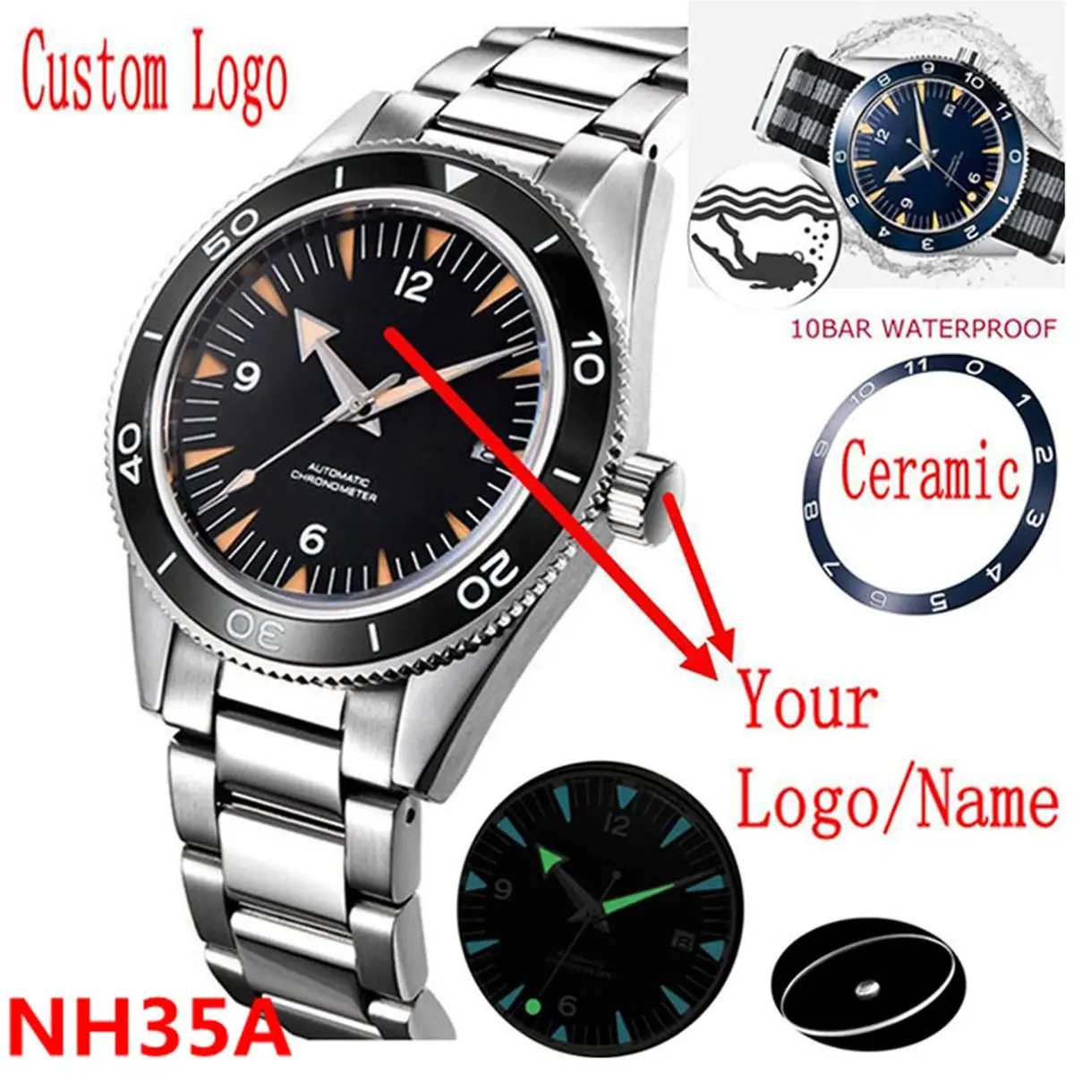 사용자 정의 로고 NH35 무브먼트 시계 10bars Mens 41mm 사파이어 세라믹 베젤 남성 기계식 다이버 스포츠 자동 손목