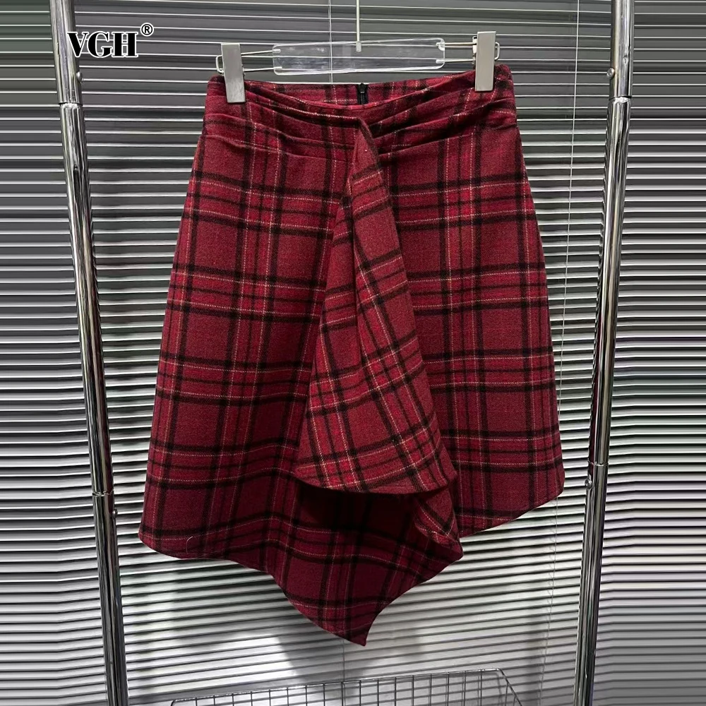 VGH American Preppy Style Plaid Skirts for Women High Waist Spliced Zipper Irregular A Line Midi Skirt Female Fashion Clothes