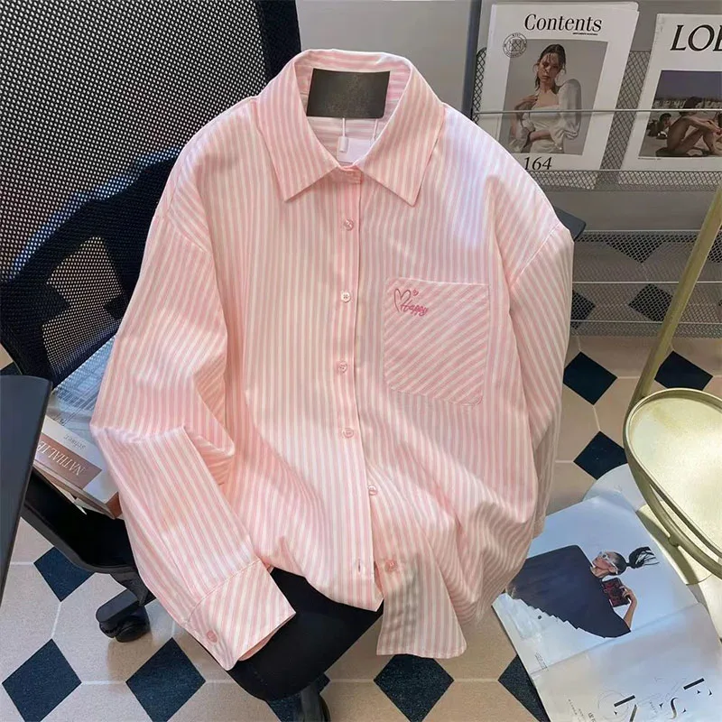 

Spring Autumn Letter Printed Embroidery Casual Thin Shirts Women's Letter Embroidery Loose Commute Striped Tops