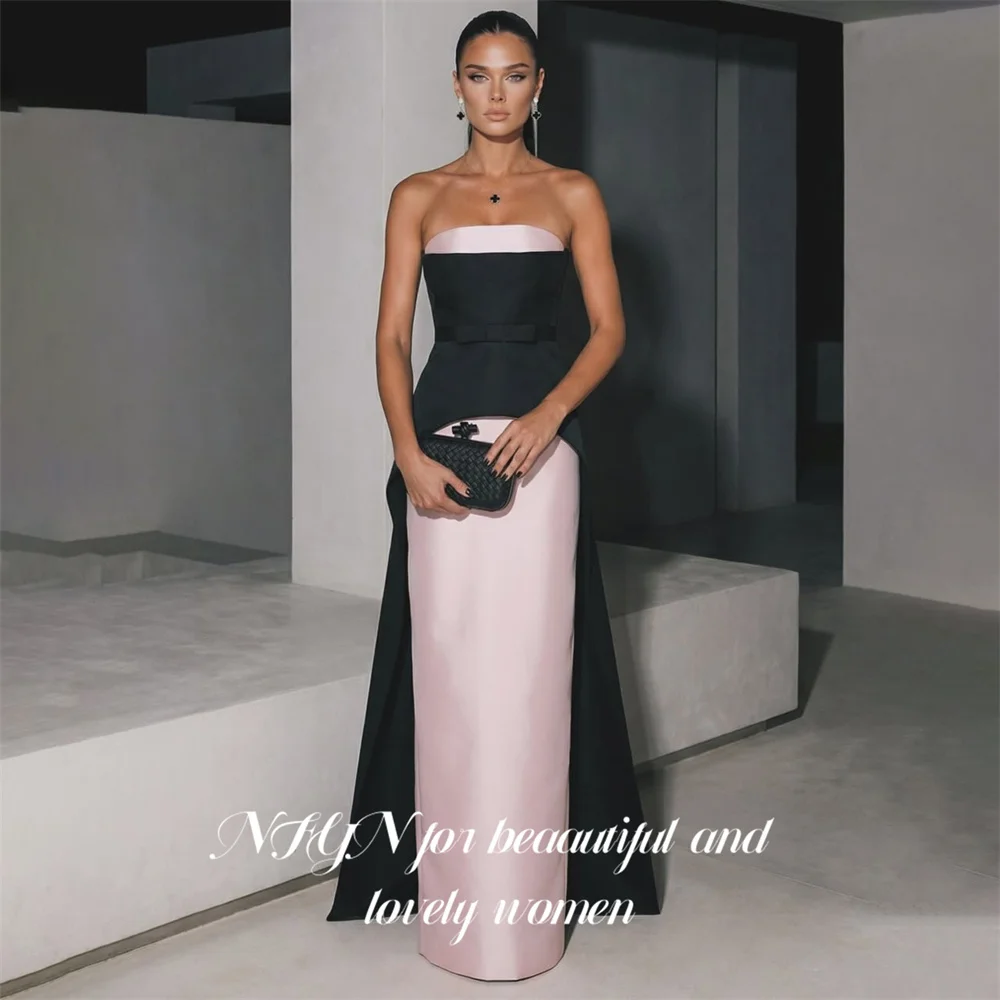NFYN Black and Blush Pink Satin Prom Dresses Strapless Sleeveless Evening Dress Straight فساتين السهرة Party Dress Customized