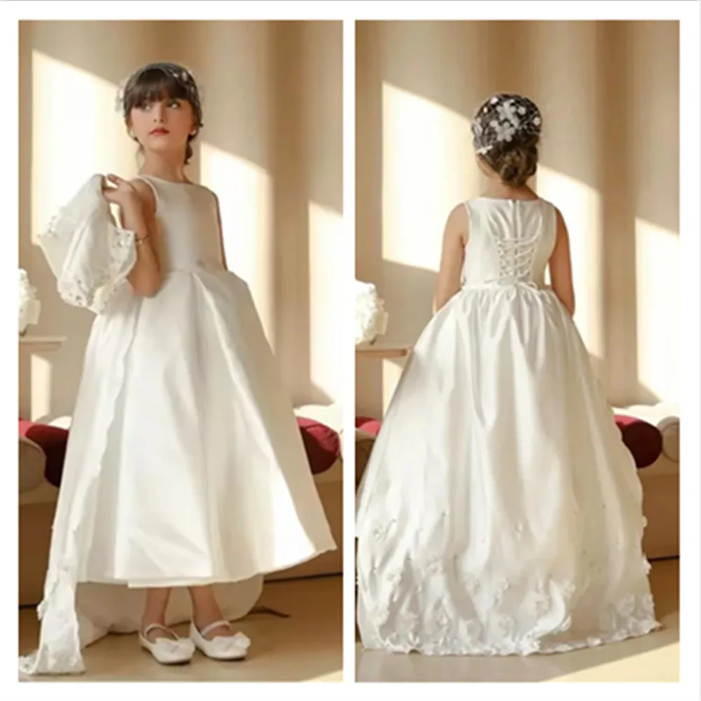 

Customized Satin Flower Girl Dress For Wedding Appliques Shawl Elegant Princess First Communion Quinceanera Formal Events Gown