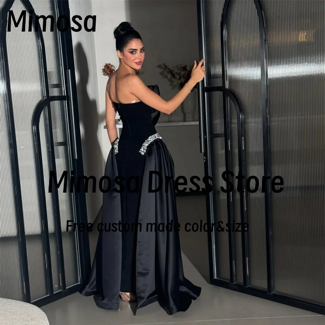 Mimosa Black Sheath Prom Dresses Crystals Flutters Train Vestidos Des Noches Ruched Strapless Evening Party Dress Customized