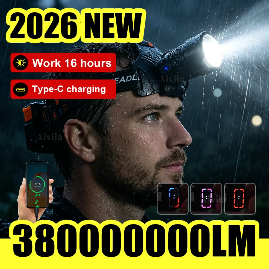 NEW 380000000LM Ultra Bright LED Headlight Rechargeable Powerful Headlight Long Range Head Flashlight Camping Fishing Lantern